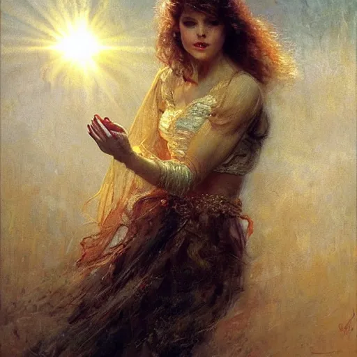 Prompt: a woman with wavy brown hair summons a ball of light into her hands. dramatic. cinematic. holy. saintly. demigod. detailed. sharp. photo realistic. realism. gaston bussiere. phil hale