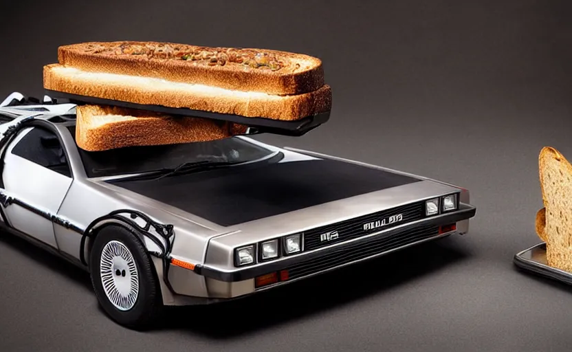 Image similar to a time-traveling delorean styled toaster with toast, bread inserted into slot, professional product shot, magazine ad