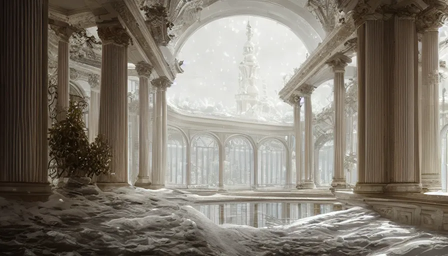 Image similar to Gorgeous white palace with big windows, gardens and columns built in the snowy mountains, hyperdetailed, artstation, cgsociety, 8k