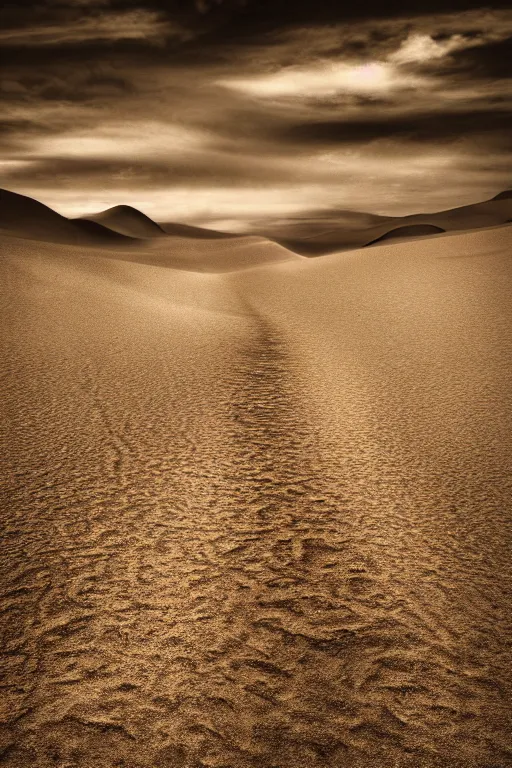 Image similar to walking down a single path in a desert, dream, tonemapped, sepia, photorealistic