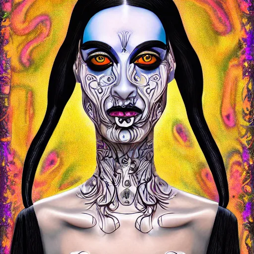 Prompt: An extremely psychedelic portrait of the Addams Family, surreal, LSD, face, detailed, intricate, elegant, lithe, highly detailed, digital painting, artstation, concept art, smooth, sharp focus, illustration