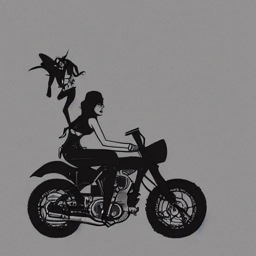 Prompt: a comic noir illustration of a hot tattood women riding a motorcycle through a post-apocalyptic desert by Queens of the Stone Age and sachin teng, dark vibes, street art, cinematic, high contrast, depth of field