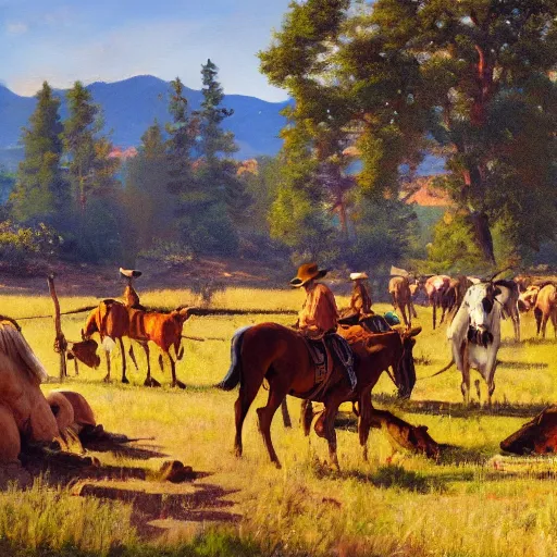 Prompt: a beautiful painting of 18 more hot hard buff wild cowboys out in the yard at Ram Ranch, hyperrealistic, golden hour, by Mark Maggiori, by Frank Tenney Johnson, by Frederic Remington, trending on artstation