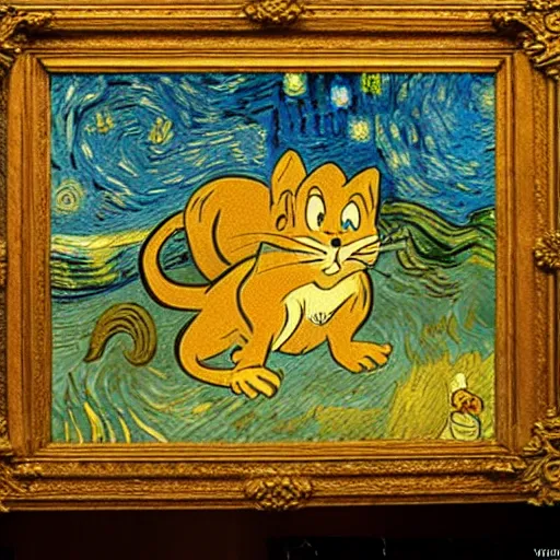 Prompt: tom and jerry in a van gogh painting, 4 k, hyper realistic, dslr, high resolution, landscape, beautiful