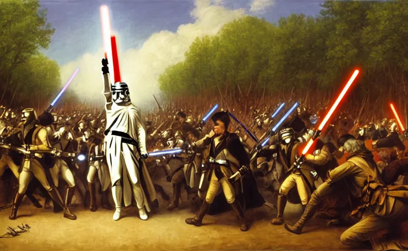 Image similar to liberty leading the people, french revolution, jedi, lightsaber, ewoks, endor forest, oil on canvas
