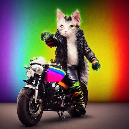 Image similar to wide angle full body, jacket wearing fluffy cute rainbow kitten wearing a black leather motorcycle jacket, cinematic concept art