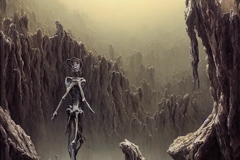 Image similar to amazing concept painting of the Valley of Dry Bones, by Jessica Rossier and HR giger and Beksinski, prophecy, hallucination, the middle of a valley; it was full of bones, bones that were very dry, there was a noise, a rattling sound, and the bones came together, bone to bone , I looked, and tendons and flesh appeared on them and skin covered them, but there was no breath in them and breath entered them, they came to life and stood up on their feet a vast army