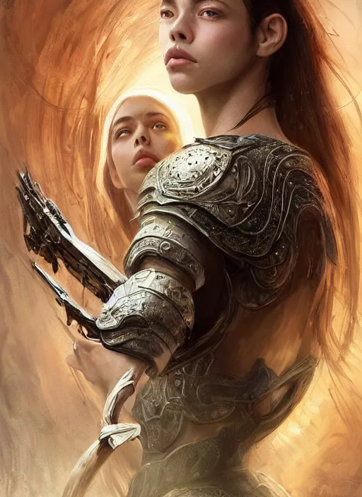 Image similar to a professional portrait of a beautiful young female, clothed in ethereal battle armor, olive skin, long dark hair, beautiful bone structure, symmetrical facial features, intricate, elegant, digital painting, concept art, smooth, sharp focus, finely detailed, illustration, from Valerian and the City of a Thousand Planets, in the style of Ruan Jia and Mandy Jurgens and Artgerm and Greg Rutkowski and William-Adolphe Bouguerea