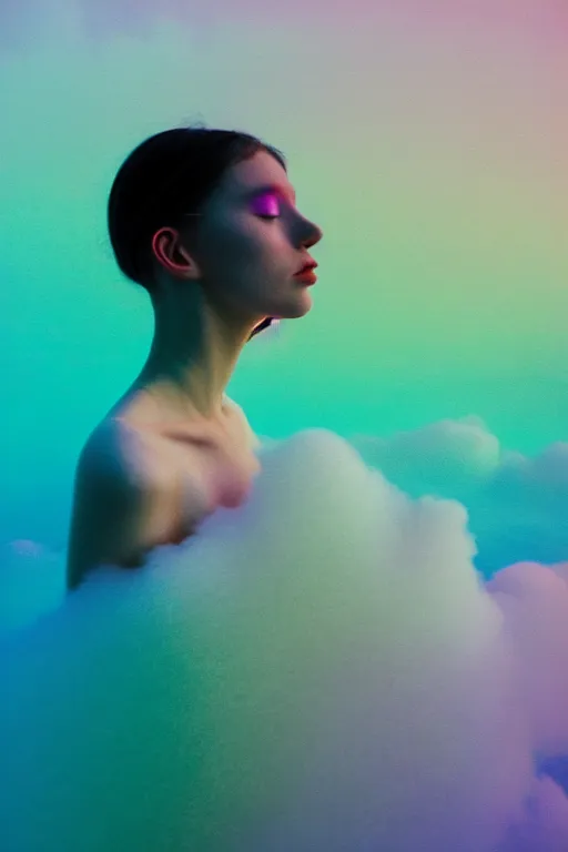 Image similar to high quality pastel coloured film close up wide angle photograph of a model wearing clothing swimming on cloud furniture in a icelandic black rock!! environment in a partially haze filled dreamstate world. three point light, rainbow. photographic production. art directed. pastel colours. volumetric clouds. pastel gradient overlay. waves glitch artefacts. extreme facial clarity. 8 k. filmic.