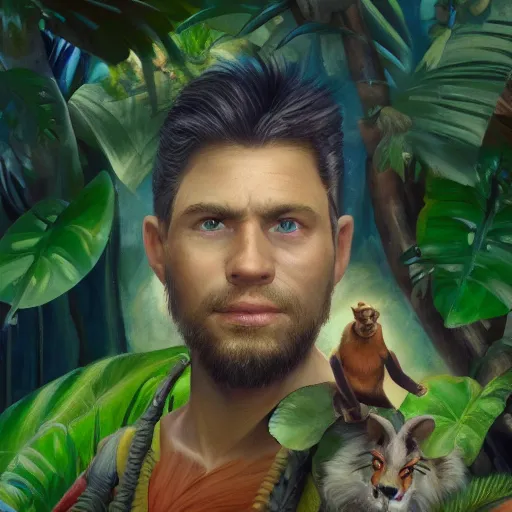 Image similar to a portrait of a hero in a disney jungle movie, oil painting, pale colors, high detail, 8 k, wide angle, trending on artstation,