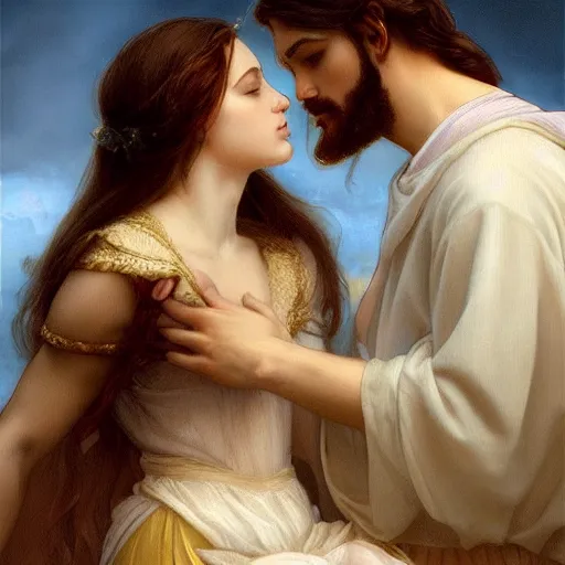 Image similar to jesus kissing a maria maddalena, elegant, highly detailed, digital painting, artstation, concept art, matte, sharp focus, highly detailed, 4 k, hdr, smooth, sharp focus, high resolution, award - winning photo, photorealistic, art by artgerm and greg rutkowski and alphonse mucha, large shot