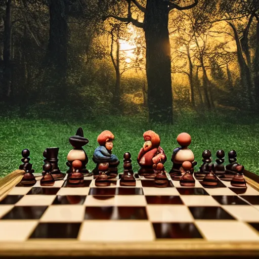 Prompt: photorealistic clay figures of two gnomes playing chess in a forest, 4 k, intricate, highly detailed, contrast, moody dynamic light, golden hour