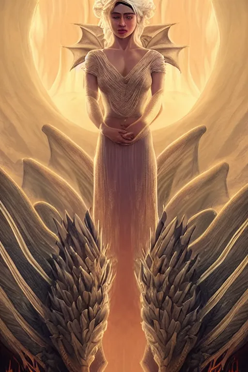 Prompt: beautiful, ethereal daenerys targaryen ( khaleesi ) portrait, art deco, fantasy, intricate art deco dragon designs, elegant, highly detailed fractals, fire background, sharp focus, game of thrones art by artgerm and beeple and greg rutkowski and wlop