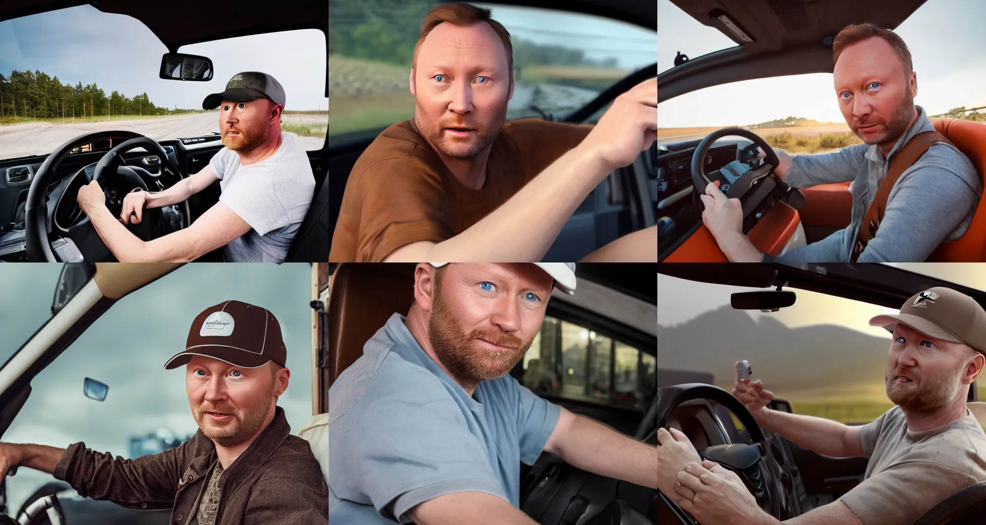 Prompt: a white man who looks just like limmy wearing a brown trucker's cap while holding the steering wheel in a truck, unreal 5, DAZ, hyperrealistic, octane render, Detailed Digital Art, dynamic lighting, Highly Detailed, Cinematic Lighting, Unreal Engine, 8k, HD