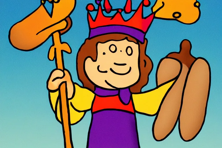 Image similar to pinto bean holding a staff, wearing crown, cartoon character,