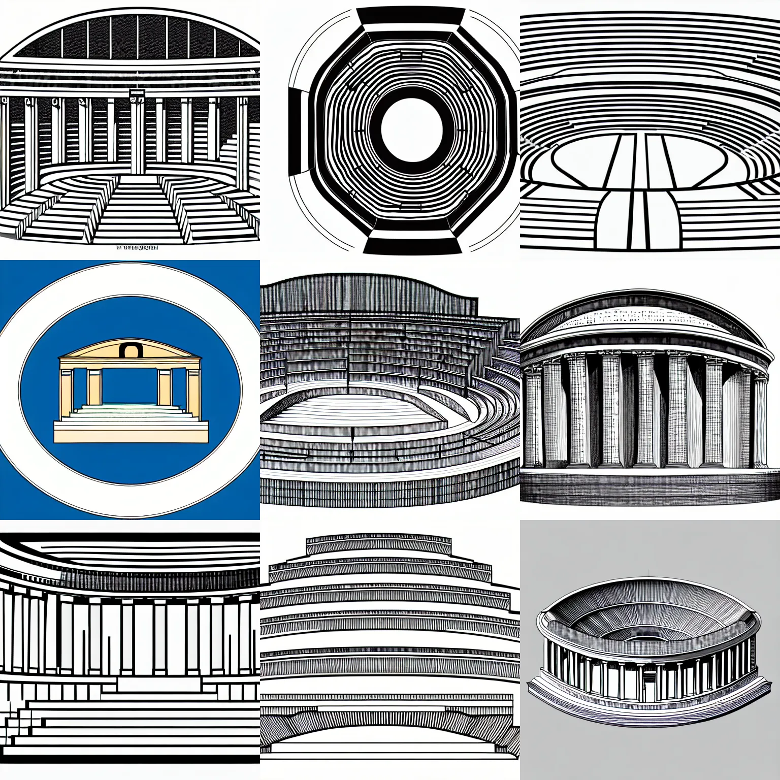 Prompt: a stephen biesty cross - section, simplified smooth shaded ancient greek amphitheater, precise! vector trace, 3 / 4 extra - wide shot, occlusion, white background