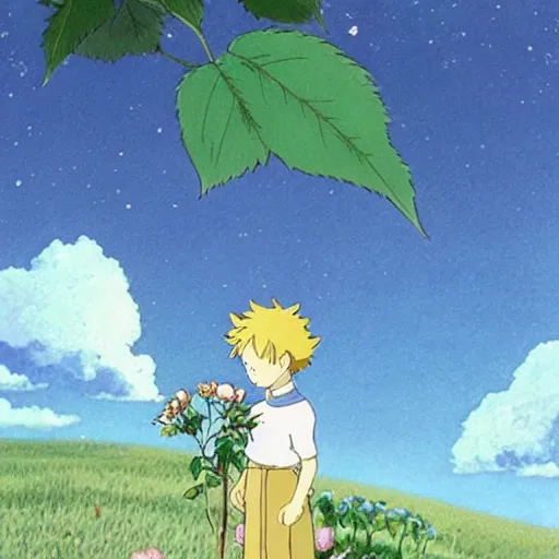 Image similar to the little prince kisses the rose, painted by studio ghibli