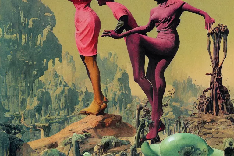 Image similar to 5 0 s pulp scifi illustration, earth woman in cape meets martian, pink landscape, extra terrestrial plants, pond, baobab trees, painted by norman rockwell, ruan jia, raymond swanland, lawrence alma tadema, zdzislaw beksinski, jack kirby, tom lovell, alex malveda, schomburg, bergey, science fiction