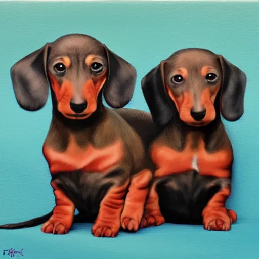 Image similar to color painting of dachshund puppies cuddling together