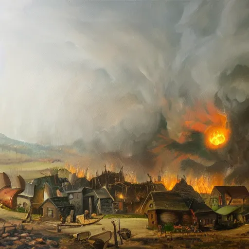 Image similar to oil painting of a village being destroyed by a giant alien