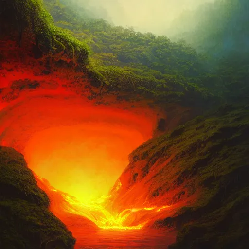 Prompt: A lava river flowing through the amazon jungle, anato finnstark, james gurney, greg rutkowski, john howe, artstation, dramatic