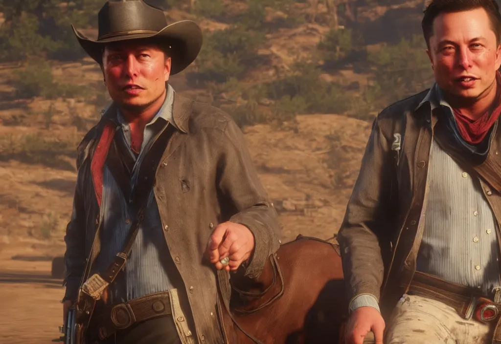 Image similar to elon musk in the red dead redemption 2, elon musk in the video game red dead redemption 2, gameplay screenshot, close up, 3 d rendering. unreal engine. amazing likeness. very detailed.