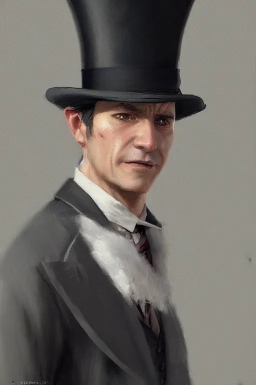 Prompt: a grey hair halfling with no beard top hat and suit by Greg Rutkowski, painting, portrait, high details, trending on artstation