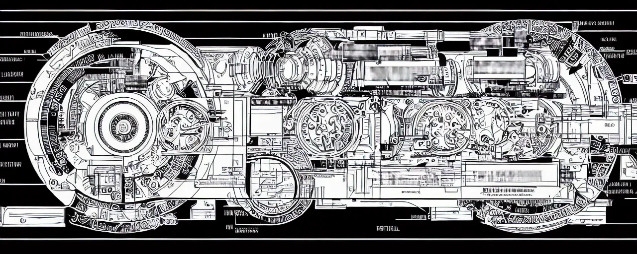 Image similar to a full page schematic diagram illustration of a timemachine, ultra detailed, 4 k, intricate, encyclopedia illustration, fine inking lines