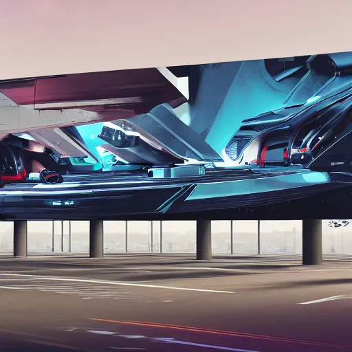 Prompt: sci-fi cars in center and wall near structure on the coronation of napoleon painting and digital billboard in the middle and everything in style of zaha hadid and suprematism forms, unreal engine 5, keyshot, octane, artstation trending, ultra high detail, ultra photo realistic, 8k, 16k, in plastic, dark, tilt shift,