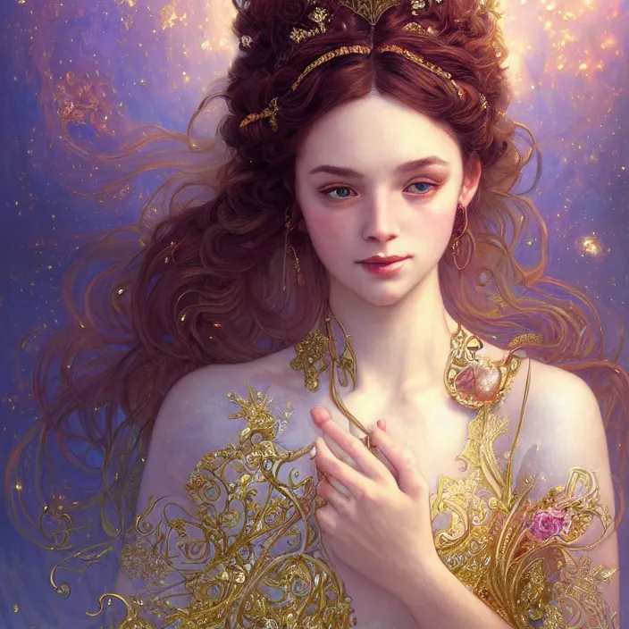 Prompt: beautiful princess with sparkling eyes, closed up portrait, highly detailed, gold filigree, epic, stunningly beautiful, insanely detailed, fantasy novel, soft cinematic lighting, award, disney concept art, watercolor illustration by mandy jurgens and alphonse mucha and alena aenami, pastel color palette, featured on artstation