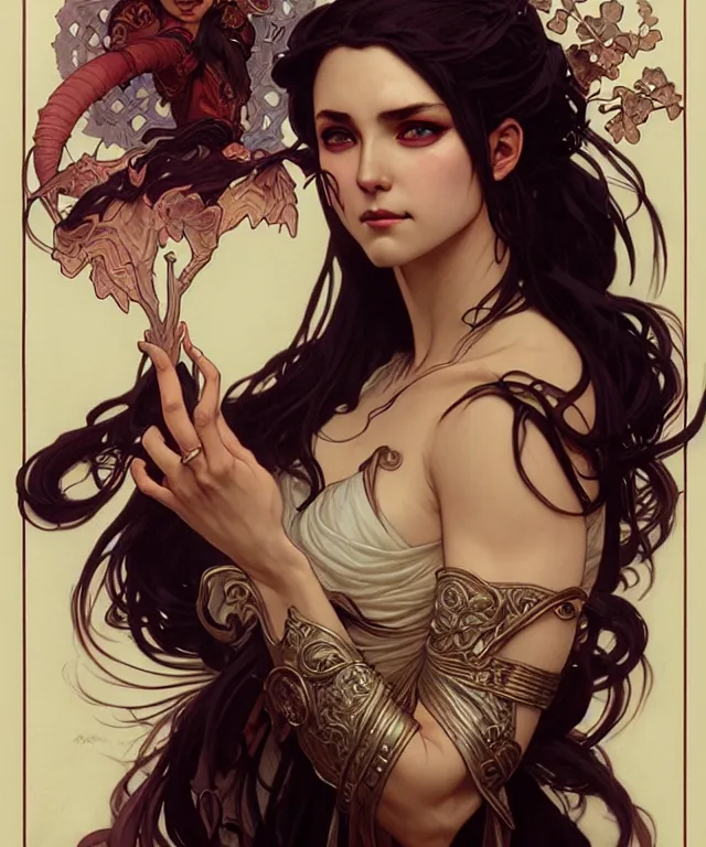 Image similar to a powerful demon witch, portrait, intricate, elegant, highly detailed, 20mm film, smooth, sharp focus, art by artgerm and greg rutkowski and alphonse mucha