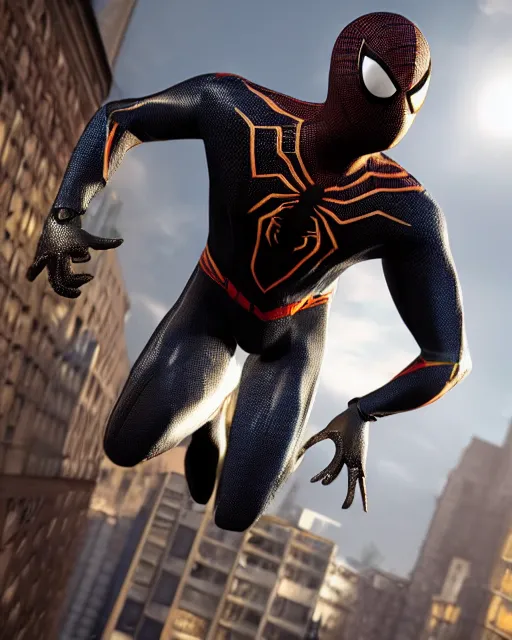 Image similar to photorealistic, hyperdetailed photograph of black spider - man suit with gold webbing by insomniac games