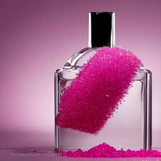 Image similar to a bottle of Kilian perfume, Kilian Love Don't Be Shy, the bottle of perfume is laying on pink sugar crystals, high resolution photo,