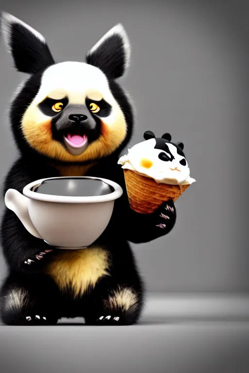 Prompt: high quality 3 d render hyperrealist very cute gothic grumpy panda & dragon hybrid eating ice cream, vray smooth, in the style of detective pikachu, very dramatic light, low angle, uhd 8 k, shallow depth or field