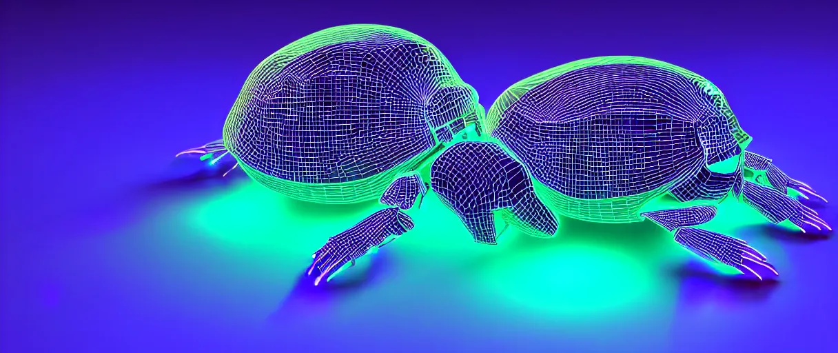 Prompt: hyperrealistic 3d render glowing holographic cyborg scarab! jeweled gorgeous! dramatic purple neon lighting vray high quality low angle hd 8k sharp shallow depth of field