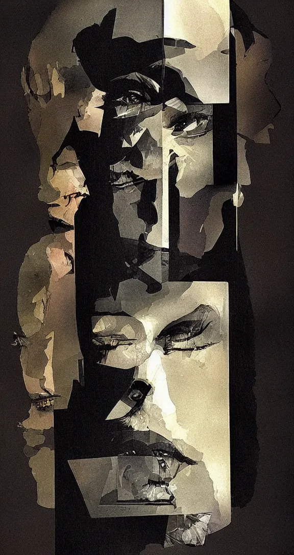 Prompt: Shatter glass in the mirror of you, book cover, minimalism, general human form, photorealistic, deep shadows, by Dave McKean