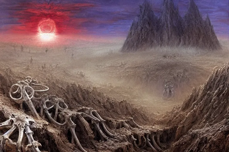 Prompt: amazing concept painting of the Valley of Dry Bones, by Jessica Rossier and HR giger and Beksinski, prophecy, hallucination, the middle of a valley; it was full of bones, bones that were very dry, there was a noise, a rattling sound, and the bones came together, bone to bone , I looked, and tendons and flesh appeared on them and skin covered them, but there was no breath in them and breath entered them, they came to life and stood up on their feet a vast army