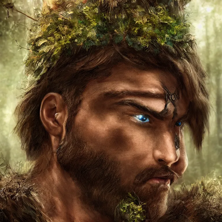 Image similar to closeup portrait photo of a male warrior, in a forest, fantasy, elegant, highly detailed, centered, digital painting, smooth, sharp focus, 8 k. lifelike. soft light. nikon d 8 5 0. cinematic post - processing