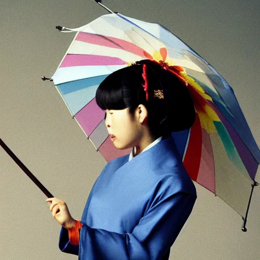 Image similar to rowan atkinson dressed as a traditional korean woman with an umbrella, cinematic shot, dynamic lighting, close up, impressive winning photo, pastel colors