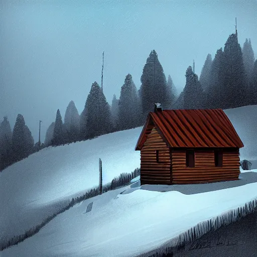 Image similar to a cabin on a hilltop, by alex andreev, landscape, high contrast, digital