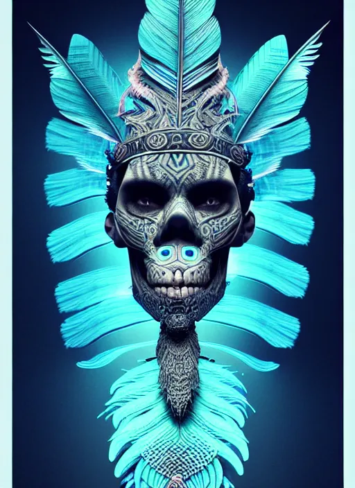 Image similar to 3 d shaman with tattoos profile portrait, sigma 5 0 0 mm f / 5. beautiful intricate highly detailed quetzalcoatl skull and feathers. bioluminescent, plasma, frost, water, wind, creature, gradient background, thunderstorm! artwork by tooth wu and wlop and beeple and greg rutkowski, 8 k trending on artstation,