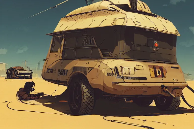 Image similar to dieselpunk digital illustration of mad max's bmw m 1 camper by makoto shinkai, ilya kuvshinov, lois van baarle, rossdraws, basquiat