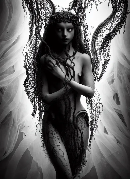 Image similar to surreal mythical dreamy dark artistic black and white fine art photo of a beautiful young female angel - medusa - mermaid - cyborg covered with translucent algae, highly detailed, lace web, rim light, cinematic, studio dramatic light, poetic, octane render, 8 k, photo - realistic, by floria sigismondi