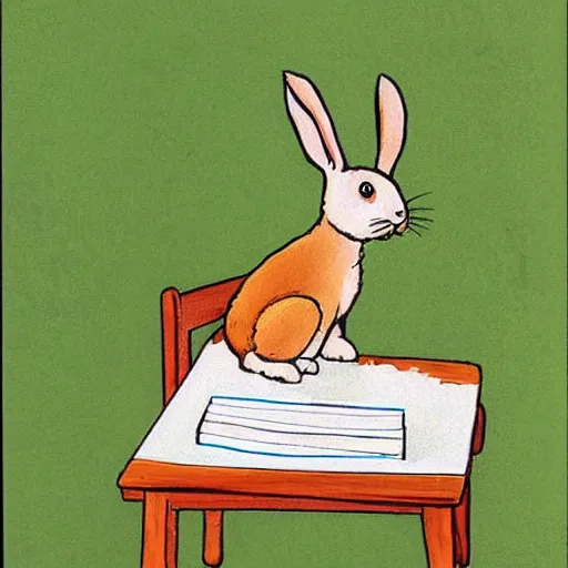 Image similar to a cute cartoon rabbit sitting at a table and writing on a notebook, Children's Book Illustration, Antoine de Saint-Exupéry