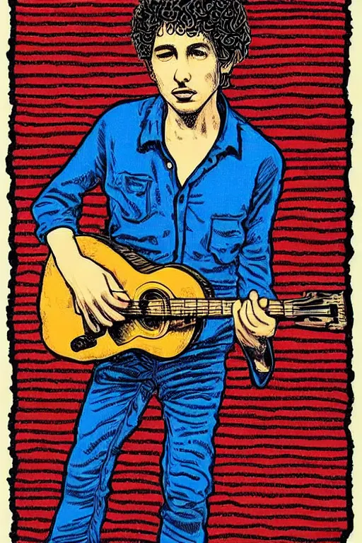 Prompt: “portrait of young bob Dylan, by Robert crumb, colourful, detailed”