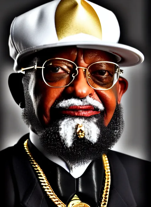 Prompt: dslr portrait still of colonel harland david sanders as a rapper with gold chains and gold teeth and a baseball cap that says kfc, 8 k, 8 5 mm, f 1. 8