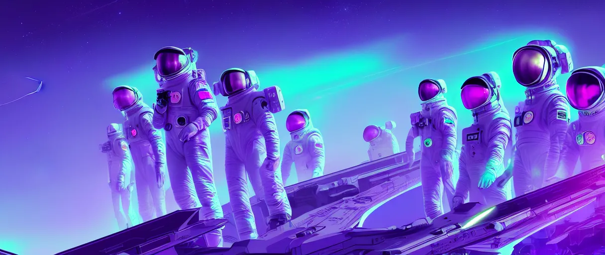 Image similar to hyper detailed 2060s neon purple and teal pearlescent sci fi propaganda poster of space workers concept art key sage sharp cinematic lighting 8k wide angle shallow depth of field