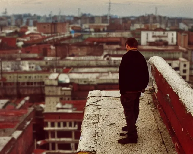 Prompt: lomo photo of man standing on the roof of soviet hrushevka, small town, cinestill, bokeh, out of focus