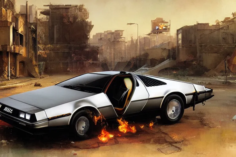 Image similar to photograph of the delorean, with a sleek spoiler, driving down the streets of a cyberpunk abandoned city, by greg rutkowski, by stanley artgerm, by alphonse mucha