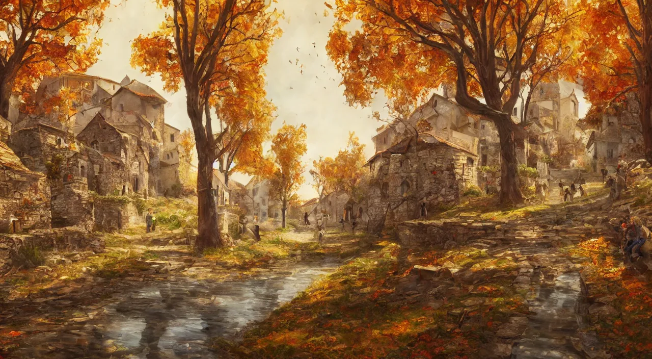 Image similar to high quality concept art from a historical fiction video game set in italy, a village in autumn, beautiful oil painting, concept art, trending on ArtStation, 4K HD, 35mm f/5.0